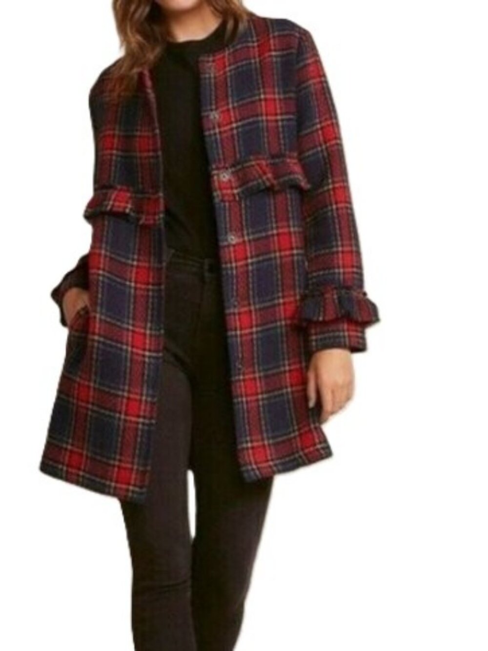 JACK BB Dakota Plaid Ruffle Jacket Small Red Blue Lightweight Fall Car Coat EUC